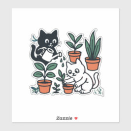 Adesivo Gatos Pretos e Brancos Cultivando Plantas