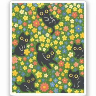 Adesivo Gatos Pretos Fofos Padrão de Prado Floral