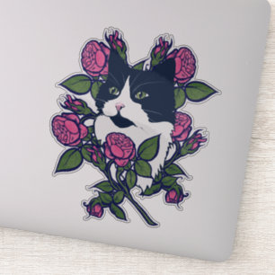 Adesivo Gatos Tuxedo Cat Peony Arte Floral
