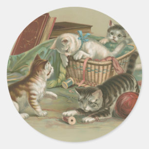 Adesivo Gatos Vitorianos Antigos Brincando na Cesta de Cos