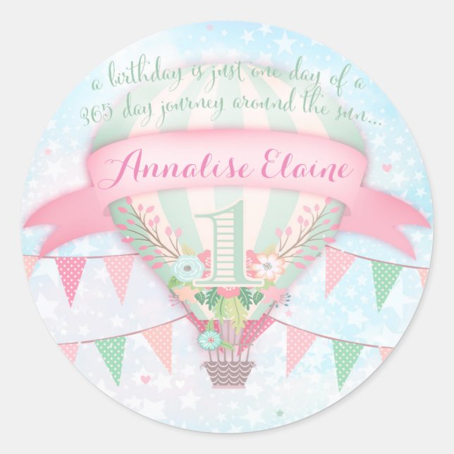 Adesivo GC Hot Air Balloon First Birthday Sticker Round (Frente)