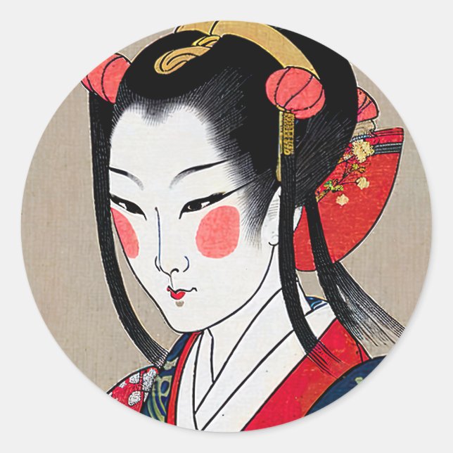 Adesivo Geisha Em Red Blue Kimono | Ukyio-e Arte Japonesa (Frente)