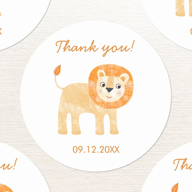 Adesivo Gelado Leão Obrigado Data (Cute watercolor lion thank you sticker with custom text and date)