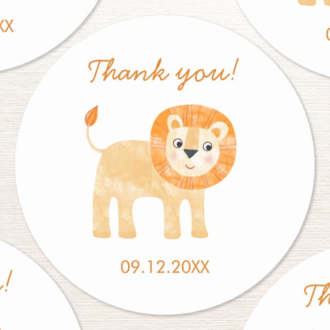 Adesivo Gelado Leão Obrigado Data (Cute watercolor lion safari themed thank you sticker with custom date)