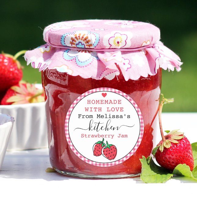 Adesivo Geléia Caseira de Morango Xadrez Rosa Rústico   (personalized strawberry jam jar label)