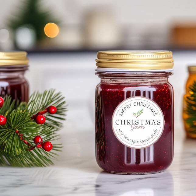 Adesivo Geléia Caseira de Natal Folhagem (Christmas Homemade Jam Greenery Classic Round Sticker)