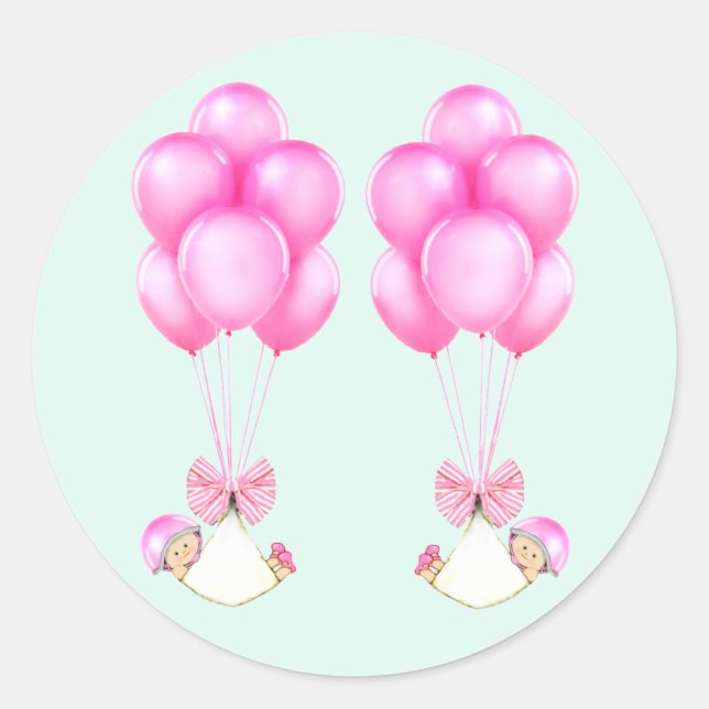 Adesivo Gêmeas Meninas Balões Rosa Chá de Bebê (Frente)