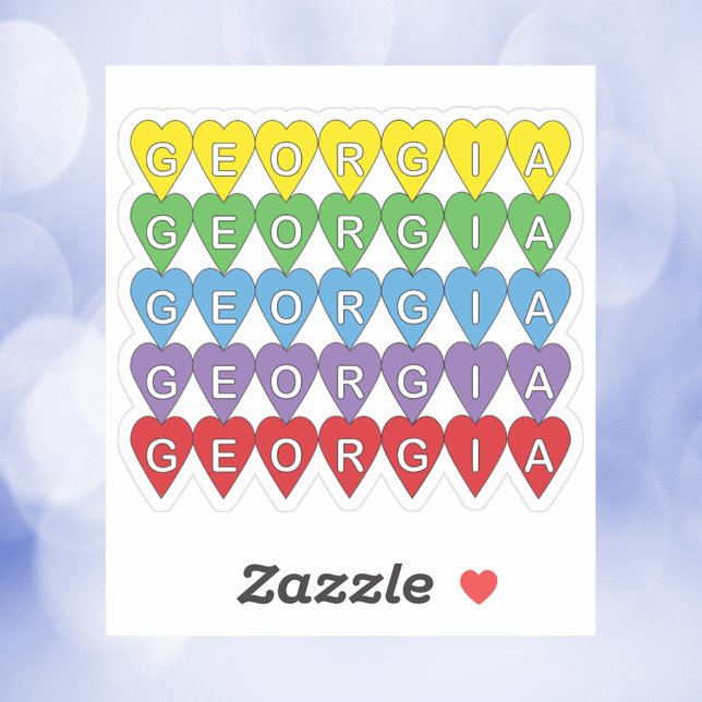 Adesivo Georgia Heart Pattern Rainbow (A die cut sticker that says Georgia in yellow, green, blue, purple and red hearts.)