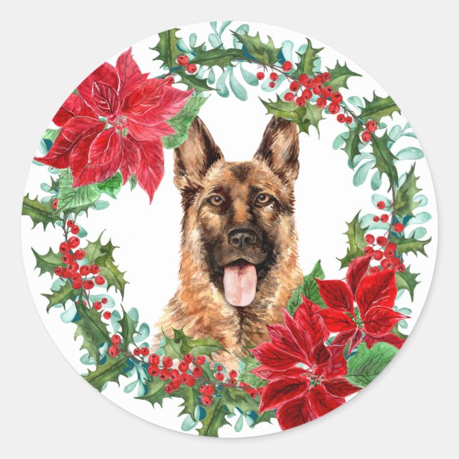 Adesivo German shepherd Poinsettia Holly Christmas Wreath (Frente)