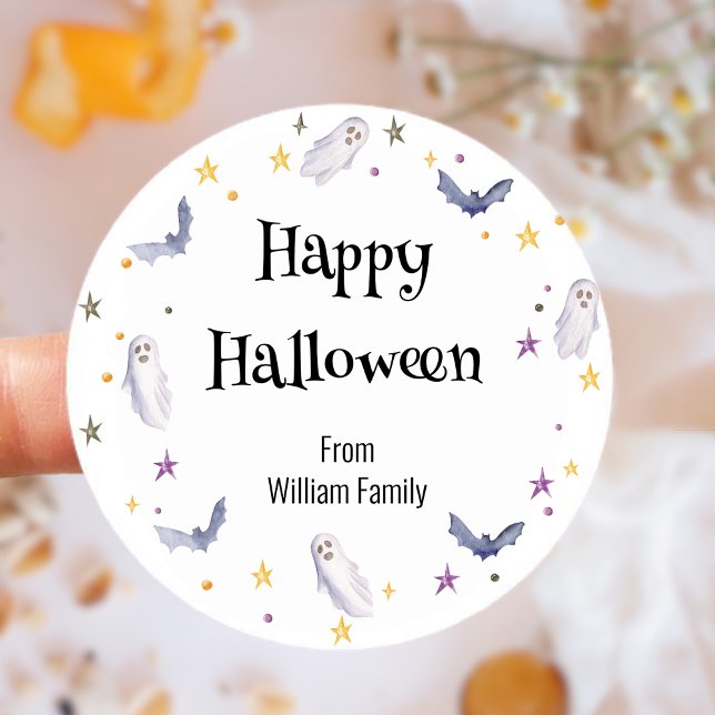 Adesivo Ghost Ghost Feliz Halloween (Cute Watercolor Ghost Happy Halloween Classic Round Sticker)