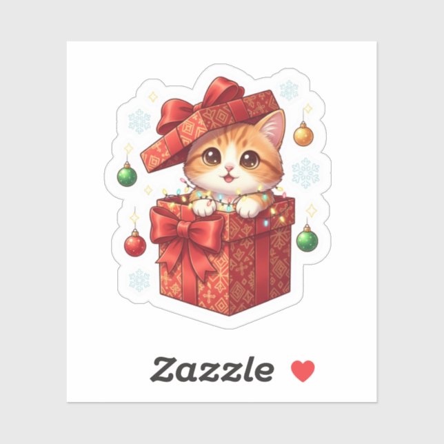 Adesivo Gift Box Surprise Cute Cat Popping Out Christmas  (Folha)