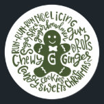 Adesivo Gingerman Christmas Candy Typografia GREEN<br><div class="desc">Uma composição festiva de tipografia de doces de Natal manuscritos e biscoitos rodeia um biscoito de gengibre com papel giro|. Perfeito para selar as cartas e Cartões de natal de Natal e Feriados ou para enfeitar seus Presentes sob a árvore de Natal! A cor VERDE é totalmente variável, e a...</div>