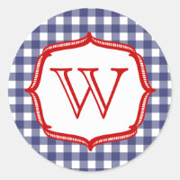 Gingham Azul Com Vinheta Monográfica Vermelha