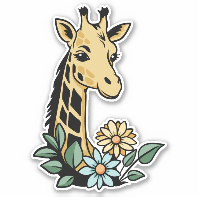 Adesivo Girafa de desenho animado fofa e flores (Frente)