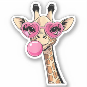 Adesivo Girafa Fofa Soprando Chiclete Rosa Óculos de Sol