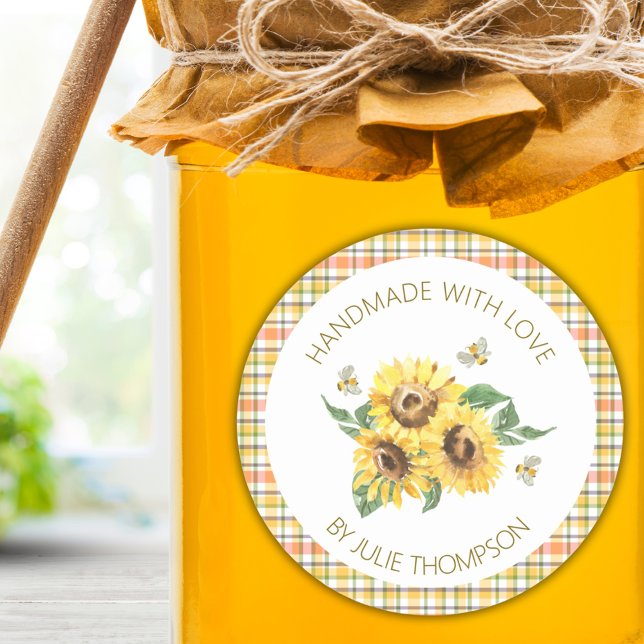 Adesivo Girassol e abelhas 🐝 Mel feito à mão (Sunflower & Bees 🐝 Plaid Handmade Honey Classic Round Sticker)