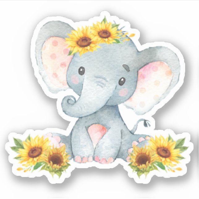 Adesivo Girassol Floral Cute Bebê Elefante Cortado Vinil (Frente)