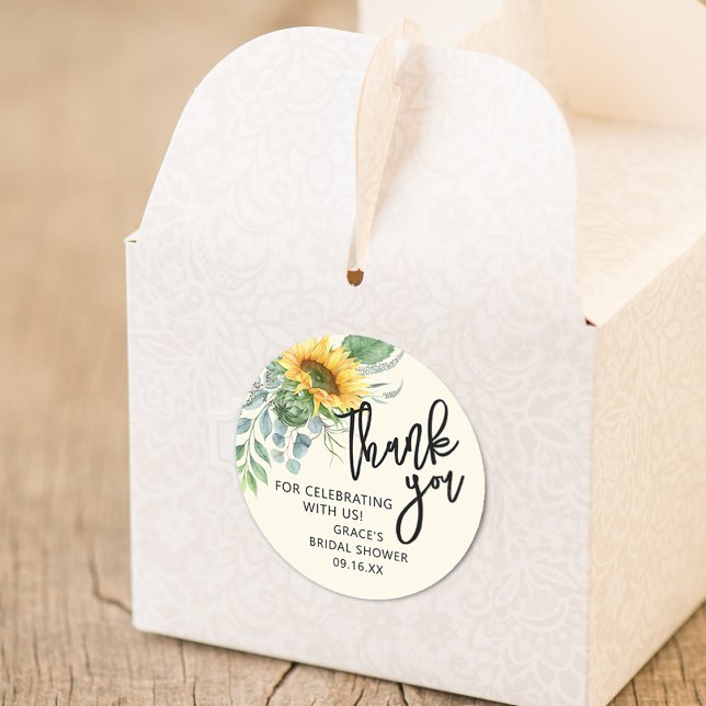Adesivo Girassol Rústico Eucalipto Verde Agradecimento (Rustic Sunflower Eucalyptus Greenery Thank You Classic Round Sticker)