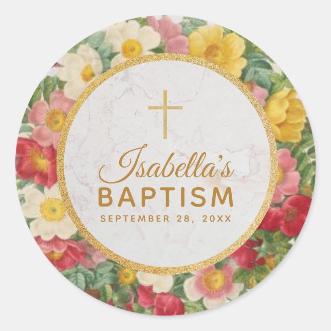 Adesivo Girl Christening Rosa Wreath Floral Dourada Cross (Frente)