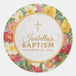 Adesivo Girl Christening Rosa Wreath Floral Dourada Cross