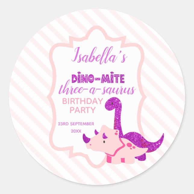 Adesivo Girl Dinosaur Pink Birthday Party  (Frente)