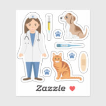 Girl Veterinarian With Puppy Cat And Vet Things