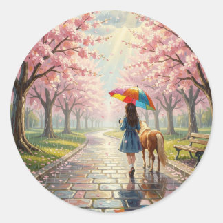 Adesivo Girl with Umbrella and Pony in Rainy Park