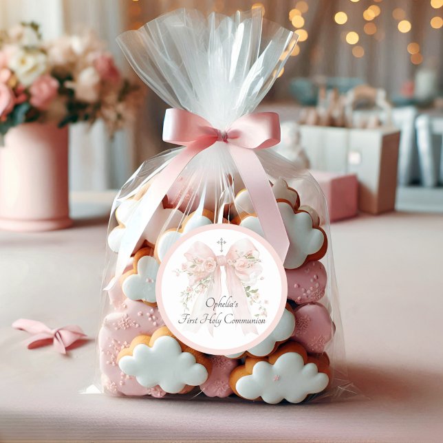 Adesivo Girl's Pink Bow Floral First Communion (Criador carregado)