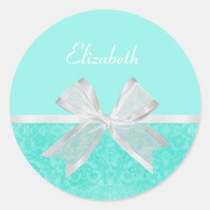 Adesivo Girly Aqua Turquoise Damask White Ribbon Com Nome