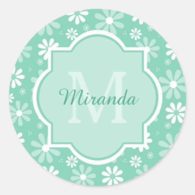 Adesivo Girly Monograma Mint White Daisy Flowers Com Nome (Frente)