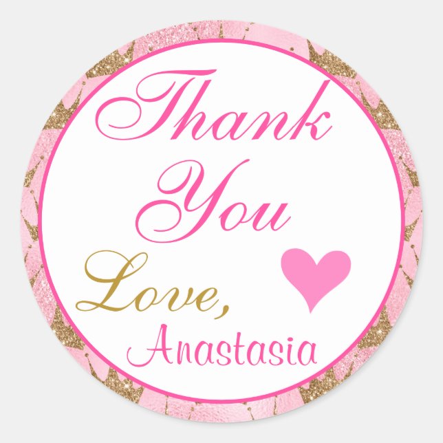 Adesivo Girly Princesa Rosa e Dourado Brilho Obrigada (Frente)