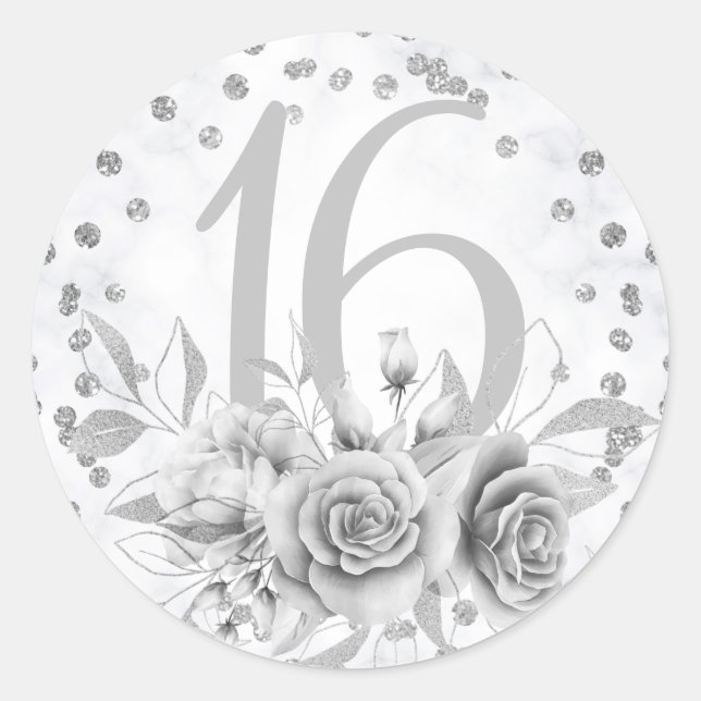Adesivo Girly Sweet 16th Marble Glitter Silver Floral (Frente)