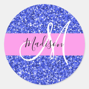 Adesivo Glam Azul Escuro Rosa Brilho Faíscas Nome Monogram