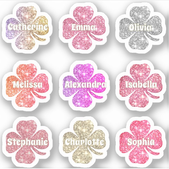 Adesivo Glam Girly Pink Glitter Lucky Clover Names Pack (Frente)