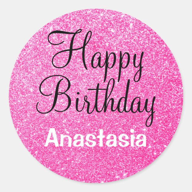 Adesivo Glam Happy Birthday - Nome do Sparkle Rosa Quente (Frente)