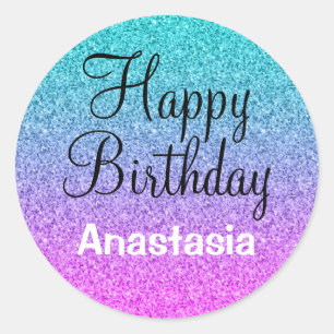 Adesivo Glam Happy Birthday Ombre Rosa Azul Brilho Roxo