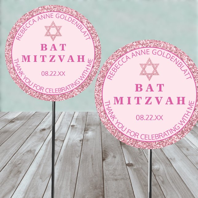Adesivo Glam Pink Obrigado Chic Bat Mitzvah (Easy to personalize pink glam Bat Mitzvah thank you stickers on parade)