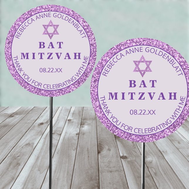 Adesivo Glam Purple Obrigado Chic Bat Mitzvah (These purple faux glitter Bat Mitzvah round stickers are easy to personalize)
