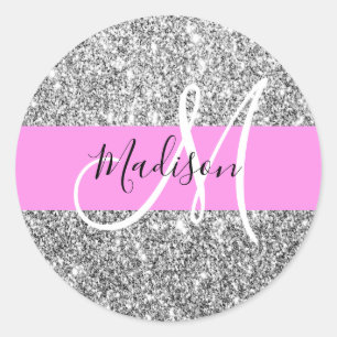 Adesivo Glam Rosa e Glitter Prateado Faísca Monograma Nome