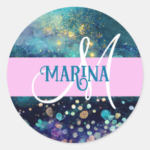 Adesivo Glam Sereia Aqua Dourada Glitter Gliters Monograma