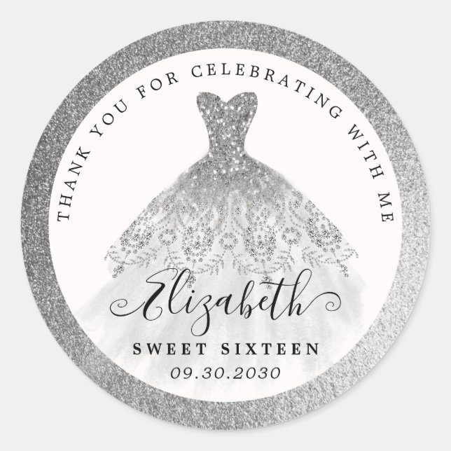 Adesivo Glam Silver Glitter Vestido 16º Aniversário Obriga (Frente)