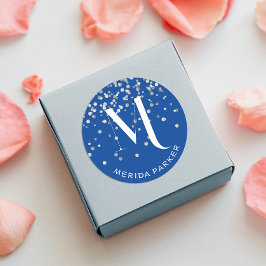 Adesivo Glamouroso Glitter Prata Azul Monograma Nome 
