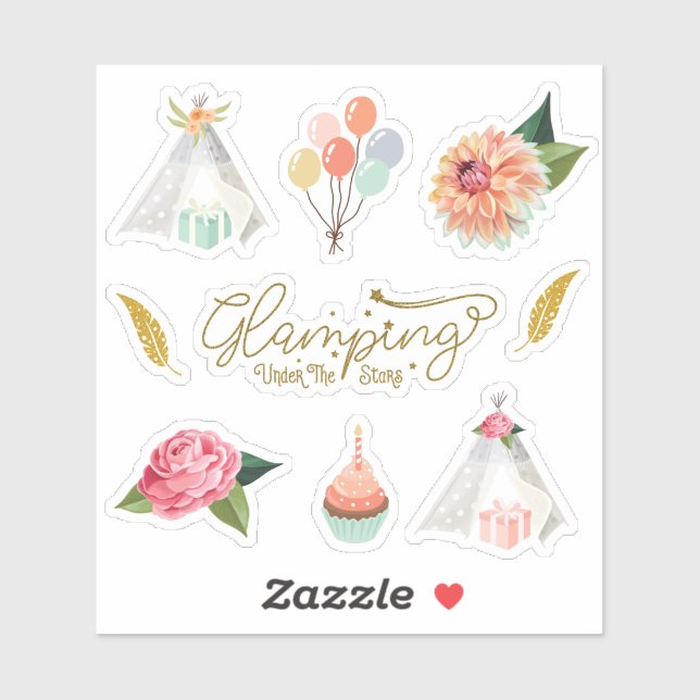 Adesivo Glamping embaixo do tema de aniversário do acampam (Folha)
