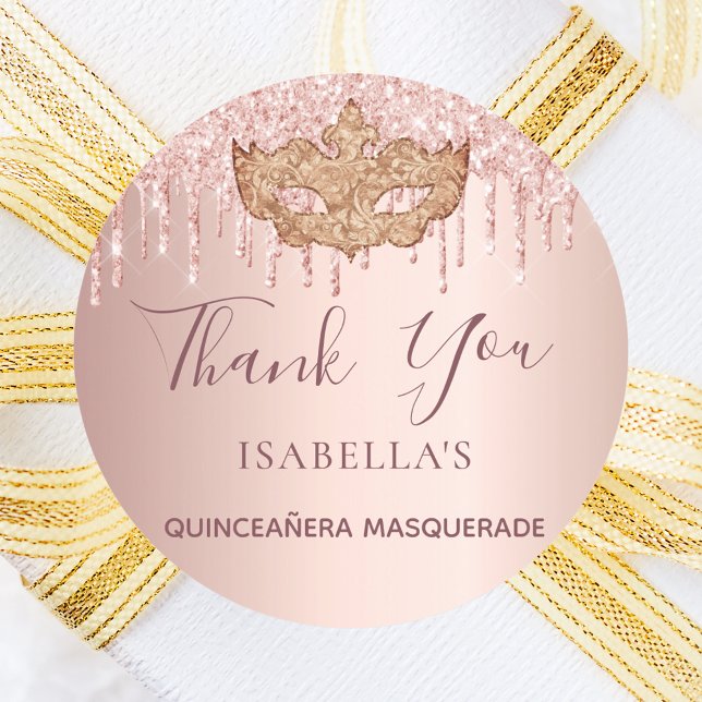 Adesivo Glitor de ouro com mascarada rosa de Quinceanera O (Criador carregado)