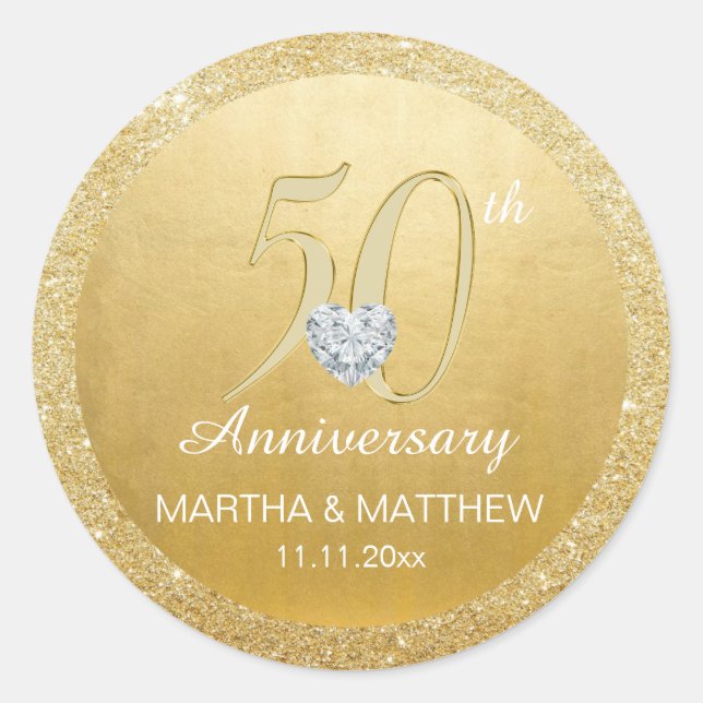 Adesivo Glitter Dourado de Casamento de 50 Anos Personaliz (Frente)