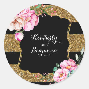 Adesivo Glitter Dourado e Flores Rosa