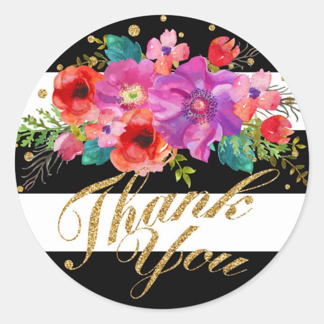 Adesivo Glitter Floral Dourado De Aquarela Obrigado (Frente)