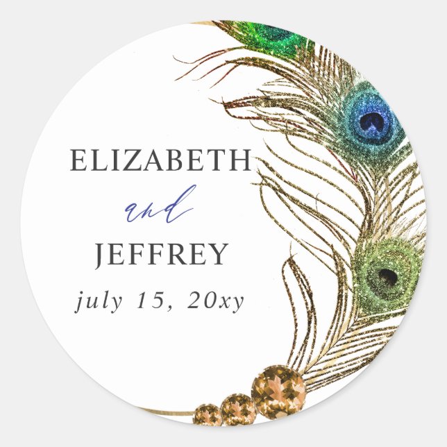 Adesivo Glitter Gold Blue Peacock Plume Wedding (Frente)