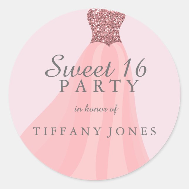 Adesivo Glitter Gown Sweet 16 Party cor-de-rosa com brilho (Frente)