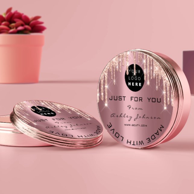 Adesivo Glitter Obrigado Logotipo Drives De Rosa Feitos Co (Glitter Thank Logo Rose Drips Made With Love Pink Classic Round Sticker)